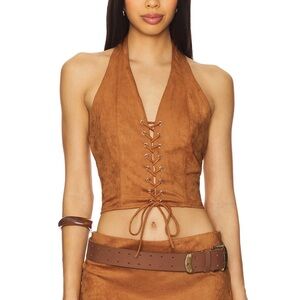Superdown Tan Lace-Up Halter Crop Top